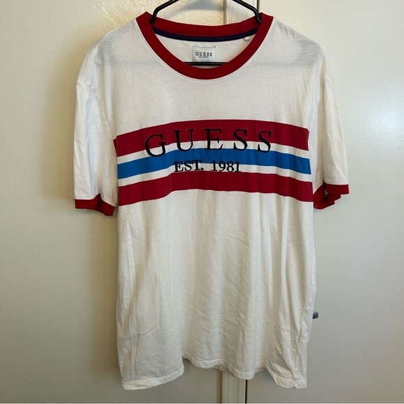 GUESS EST. 1981 Stripe T Shirt Red White Blue Men’s Size Large Logo Tee - Picture 1 of 7